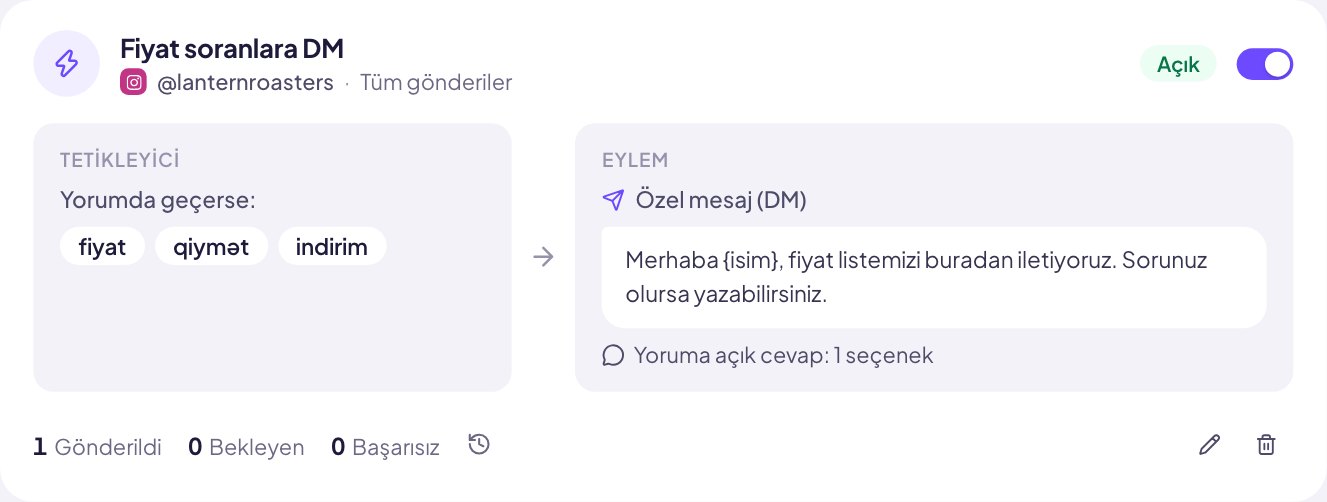 Automation rule: when a comment mentions price, discount or the Azerbaijani word for price, send a direct message with the price list