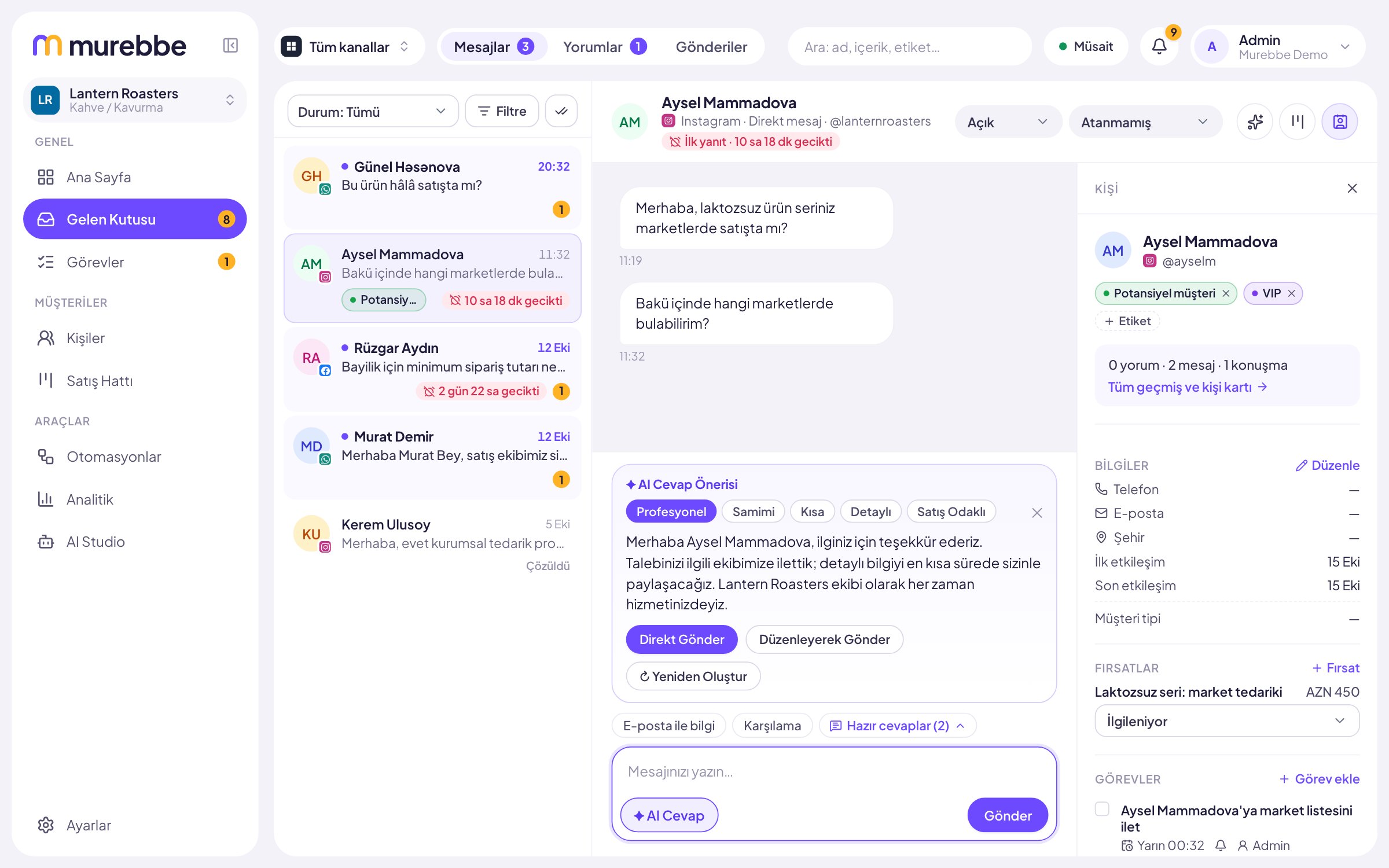 Murebbe inbox: an Instagram conversation with an AI reply suggestion open under it, the conversation list on the left and the brand menu in the sidebar