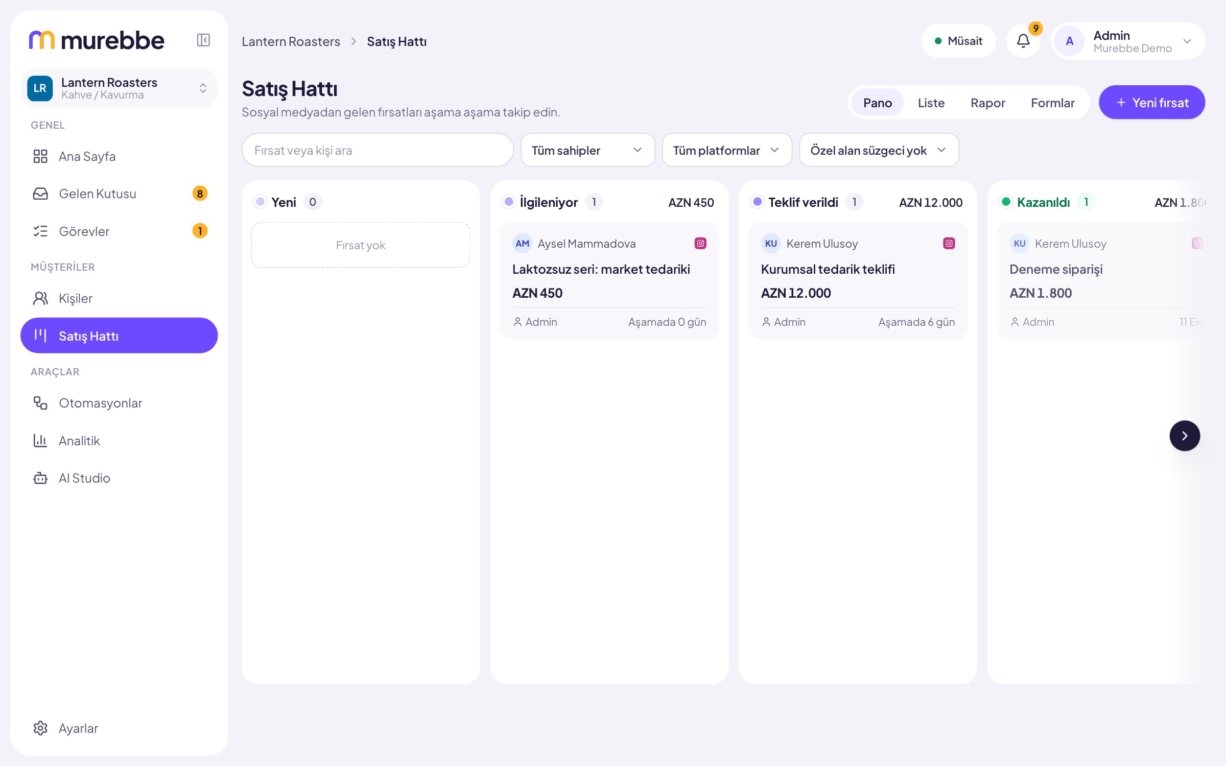 Sales pipeline board with deals in interested, proposal sent and won columns